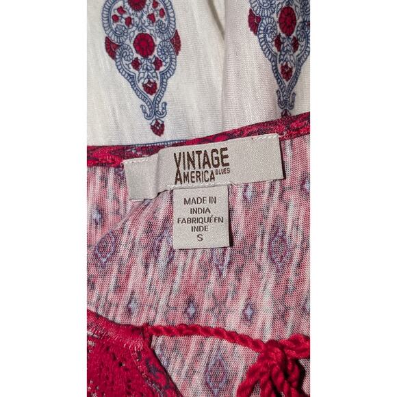 Vintage American Blues Red Bohemian Tunic Top Tassels 3/4 Sleeves Blouse Small - Picture 4 of 5